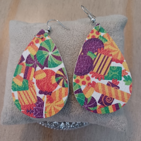 Orange Green Leather Teardrop Holiday Candy Dangle Drop Earrings - Picture 5 of 5